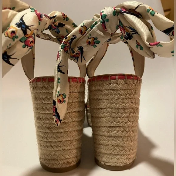 Prada Floral bird print lace up Espadrille Wedges heels sandals 41 10